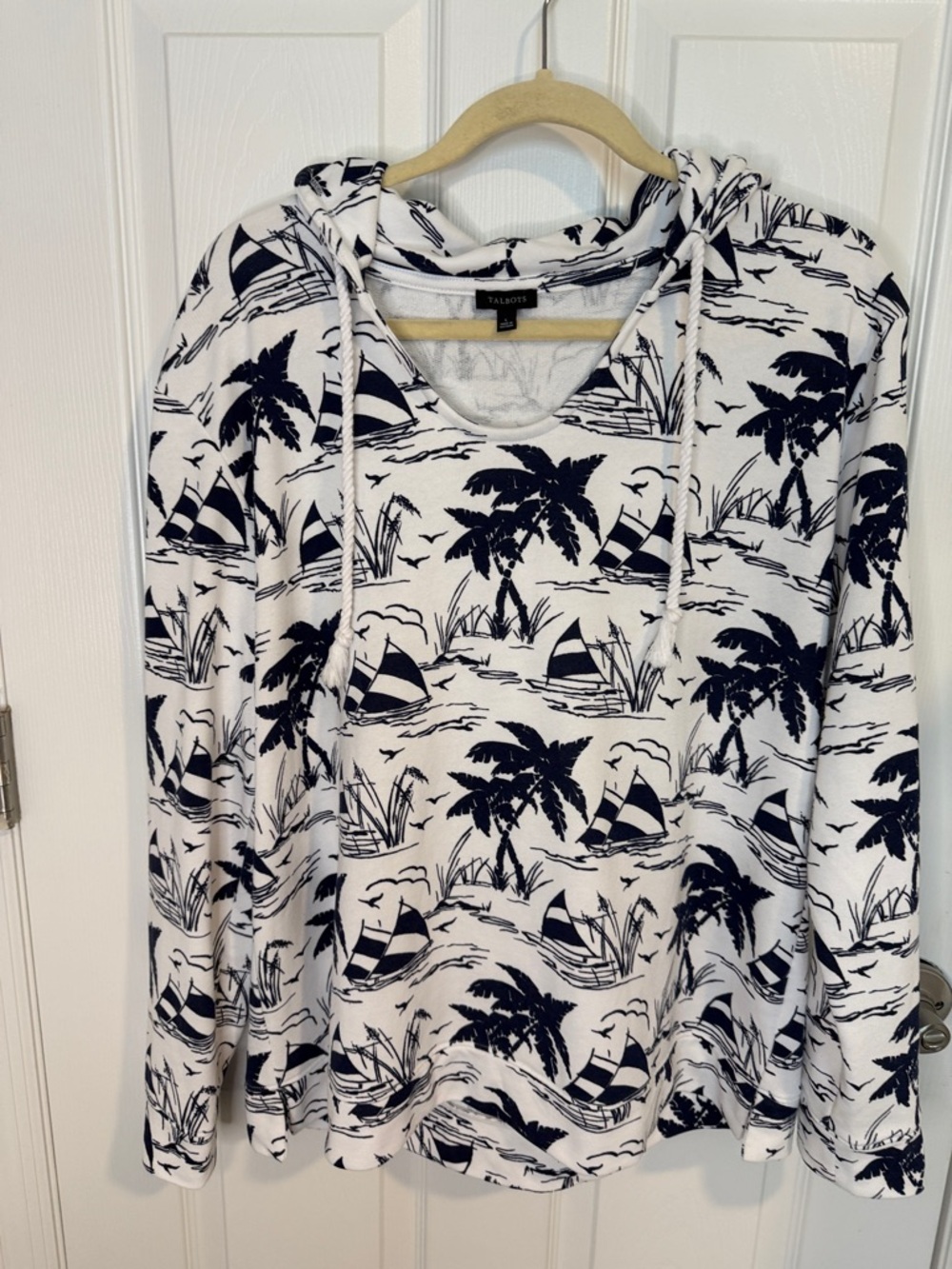 Sail away nautical Talbots scoop neck Hoodie featuring white and navy print